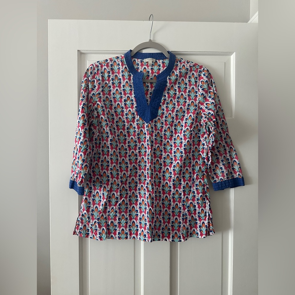 Talbots 100% Cotton Colorful Peacock 3/4 Sleeve V-Neck Tunic Shirt Top
